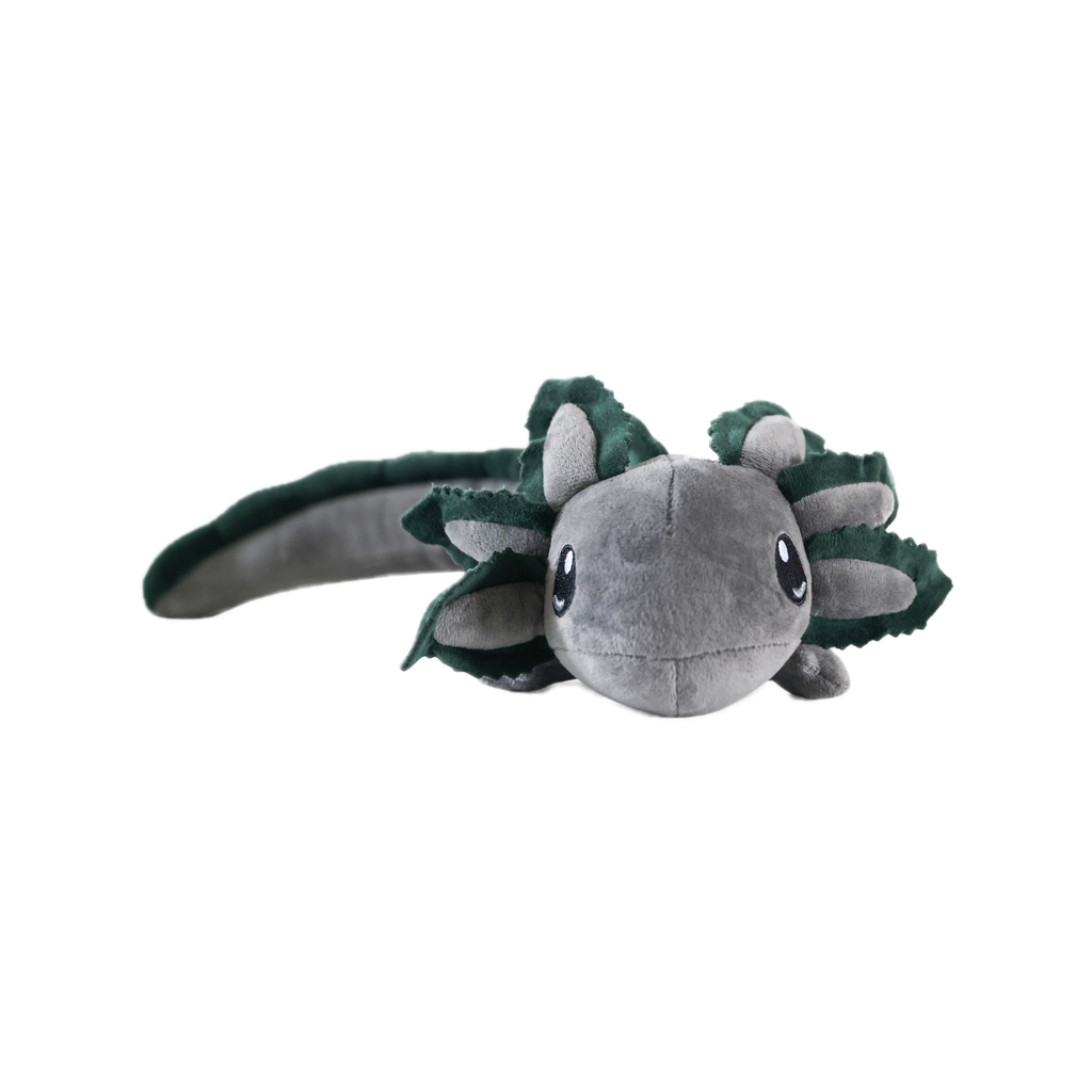 Plush toy resembling a gray axolotl with green leaf-like appendages on a white background