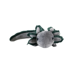 Plush toy resembling a gray axolotl with green leaf-like appendages on a white background