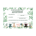 Certificate of Adoption with plush toy illustrations and green leaf border