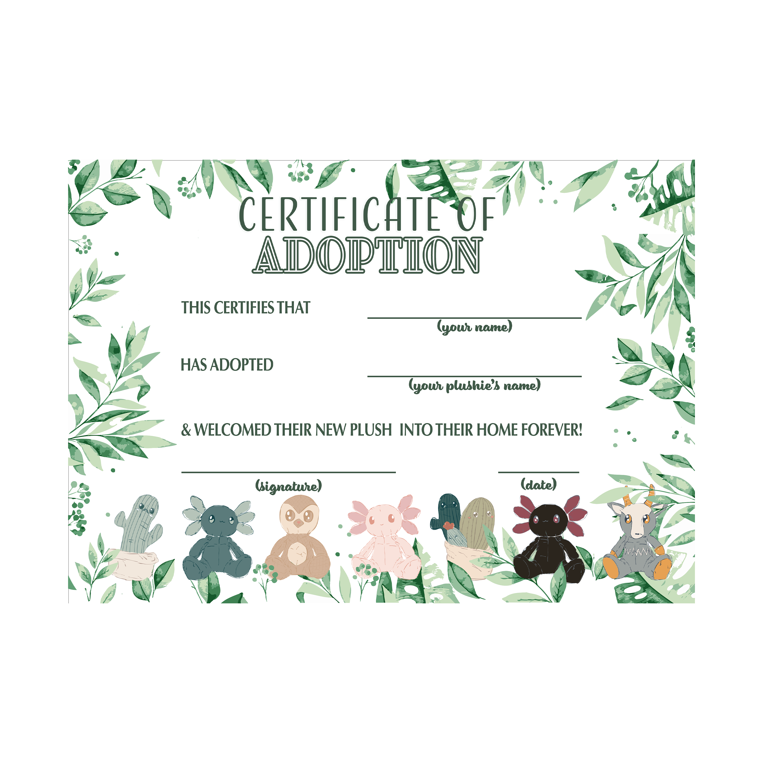 Certificate of Adoption with plush toy illustrations and green leaf border