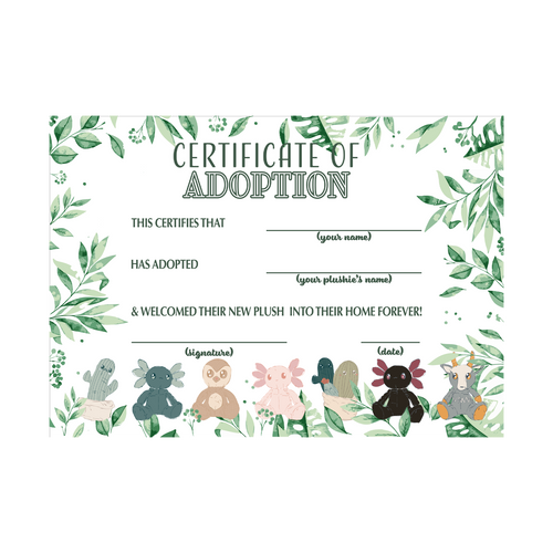 Certificate of Adoption with plush toy illustrations and green leaf border