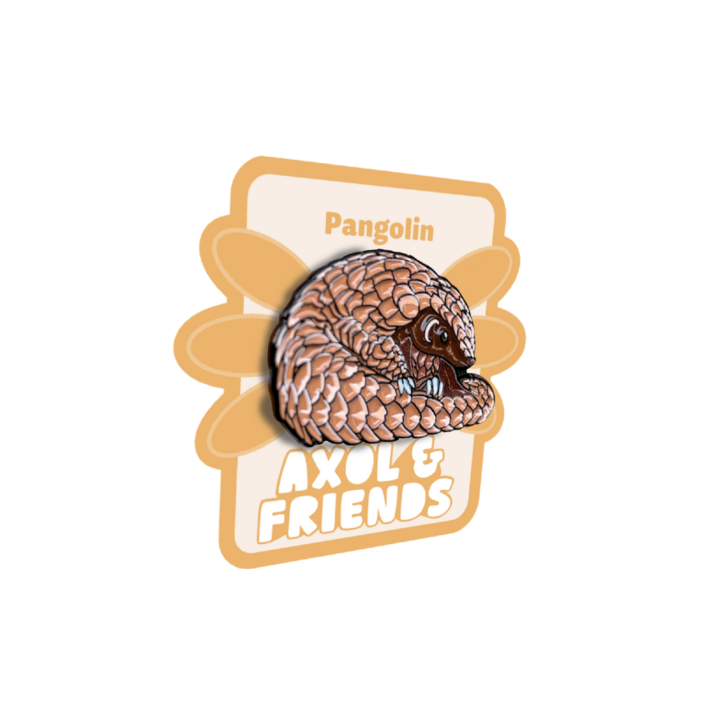 Pin with pangolin design on a white background, featuring 'Axolotl Friends' branding.