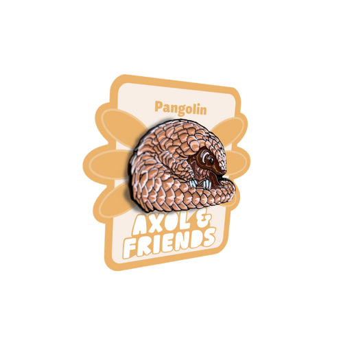 Pin with pangolin design on a white background, featuring 'Axolotl Friends' branding.