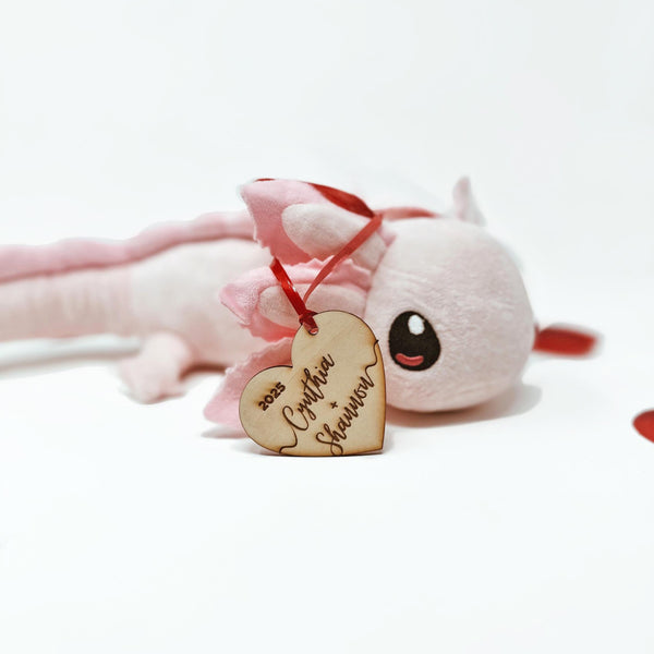 Engraved Wooden Heart + Plushie Valentine's Day Present Combo | Realistic Axolotl Plush of Choice