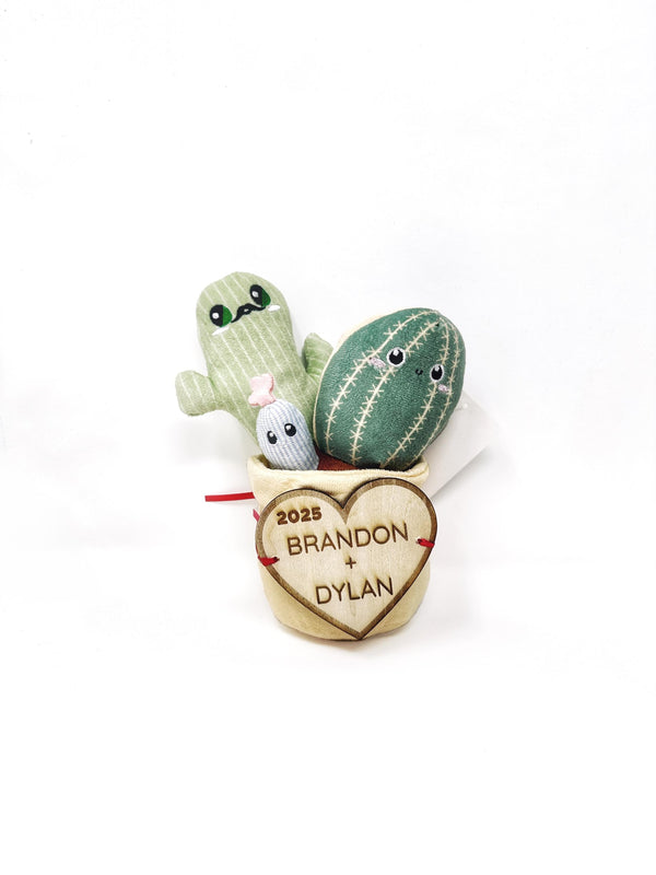 Engraved Wooden Heart + Plushie Valentine's Day Present Combo | Mr. Cactus & Family Plush