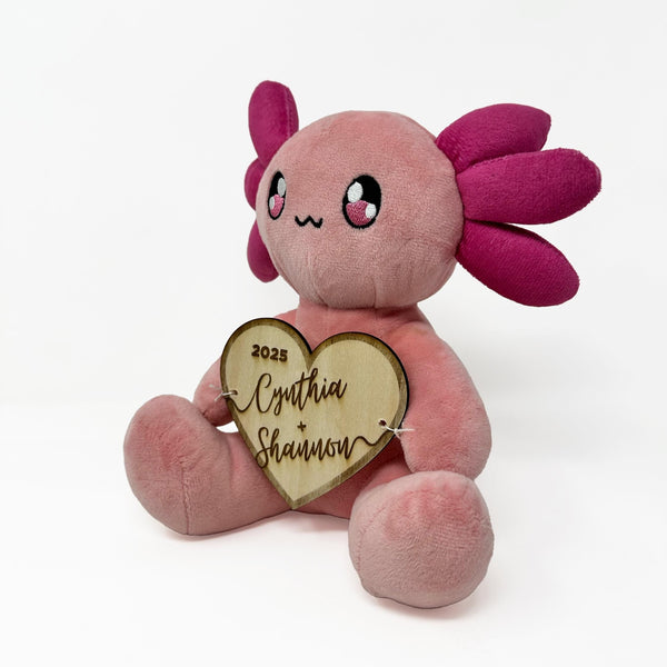 Engraved Wooden Heart + Plushie Valentine's Day Present Combo  | Scented & Warming Axol the Axolotl - Pink w/ Lavender Scented Pouch